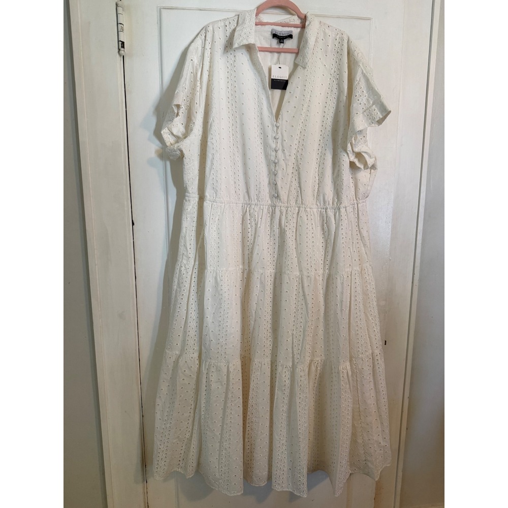 Eloquii Elements White Eyelet Tiered Midi Dress Plus Size 28 NWT Short Sleeve